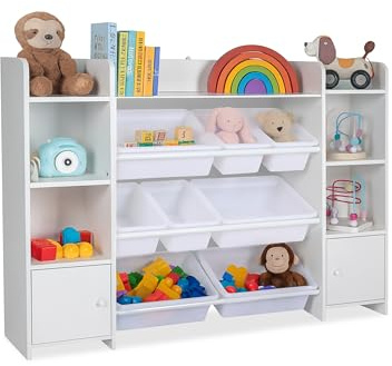 Relaxdays Scaffale Libreria per Bambini, 8 Scatole Portagiochi e Ripiani per Libri, HLP: 94x139x30 cm, MDF e PE, Bianco