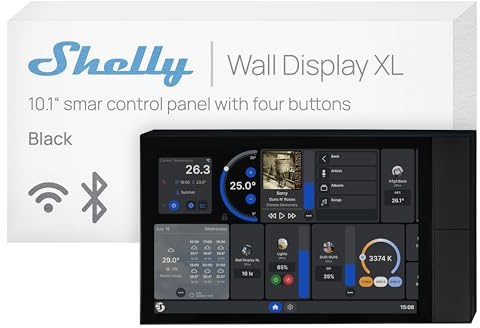 Shelly Wall Display XL Schwarz – 10.1 WLAN-Smart-Home-Bedienfeld, Vier Tasten, integriertes 5A-Relais, Neutralleiter Erforderlich, LUX-Sensor, Stereo-Lautsprecher, Steuerzentrale, Alexa & Google Home