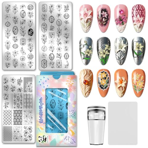 PH PandaHall - Lote de 3 placas de estampado para uñas, lirios, plantillas para uñas, arte de flores, modelos de manicura, con bordes florales, placas de imágenes de acero inoxidable con herramienta