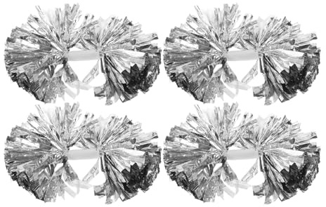 Mikikit Lot de 4 Grands Pompons de Cheerleading Argentés Métallisés avec Poignée Légère – Accessoires de Pom-Pom pour Compétitions Sportives, Danse et Encouragement D’équipes