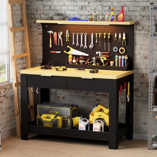 Banco da Lavoro con LED e Presa di Corrente Tavolo da Lavoro Garage con 2 cassetti,Pannello Forato Banco Tavolo Da Lavoro Metall e 28mm MDF Portata Tavolo da Lavoro fai da te 56x110x135CM,Fino a 200KG