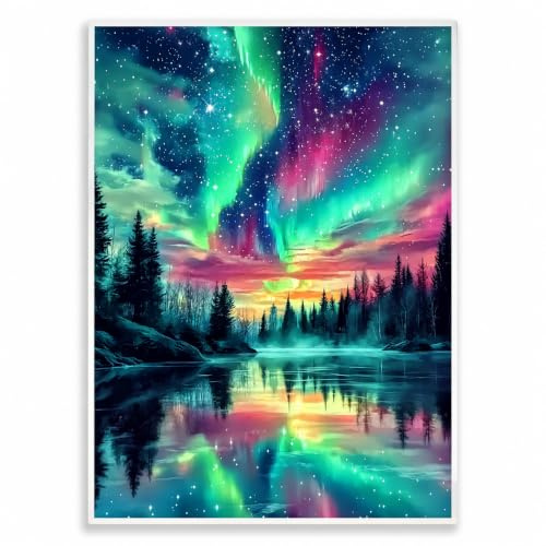 GZLANYA 5D Starry Sky Aurora Lake Diamond Art Kit for Adults, 30 x 40 cm | Full-drill diamond painting kit with clear adhesive canvas, diamond pen, wax, tray and 30% extra diamonds.