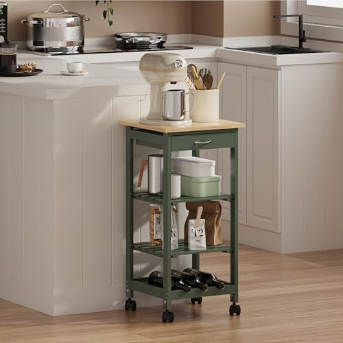 [en.casa] Carrello da Servizio Portaoggetti a Rotelle con 3 Ripiani e Cassetto Carrello Portatutto Multiuso Griglia Portabottiglie per Cucina Sala Bagno 76x37x37 cm - Verde/Effetto Legno