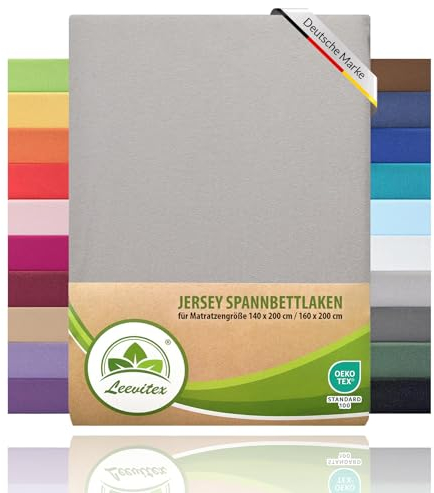 leevitex® Spannbettlaken 140x200cm - 160x200 cm | Spannbetttuch Bettlaken | 100% Jersey Baumwolle | Matratzenhöhe bis 25 cm | Öko-Tex | Silber/Hellgrau