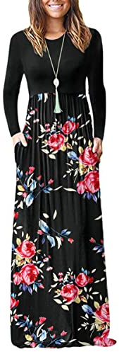 AUSELILY Women's Casual Maxi Dress Long Sleeve Rose Black XL