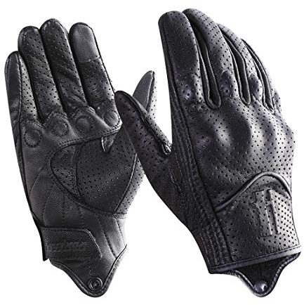 Harssidanzar Guantes de motocicleta de cuero para hombre, guantes perforados para pantalla táctil, guantes de motociclismo GM028UKK, color negro (actualización perforada), talla S