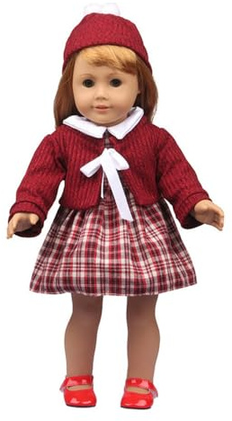 DUORUIMI Vêtements de poupée Robe d'hiver rouge Robe de Noël Manteau à carreaux avec chapeau pour American Girl Poupée 45 cm