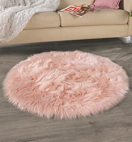 FELLANO Kunstfell Teppich 90 cm Rund Altrosa | Bettvorleger Fellteppich aus Fellimitat | Öko-Tex Standard 100 | Lammfell Schaffell als Läufer, Stuhl-Sitzkissen oder Kleiner Teppich