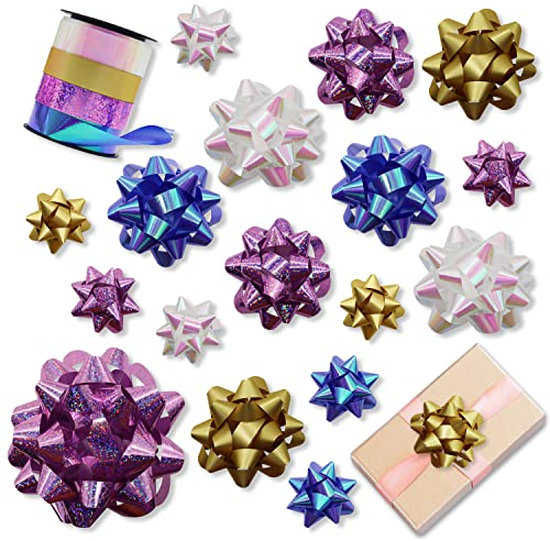 CCUCKY 17pcs Fiocchi Regalo Colorati con 1 Rotolo di Nastro, Fiocchi Regalo Autoadesivi per Confezioni Regalo, Matrimoni, Natale, Decorazioni di Compleanno