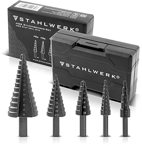STAHLWERK HSS Stufenbohrer/Kegelbohrer Set 5 Teile mit TiAlN-Beschichtung, Senkbohrer/Metallbohrer inklusive Kunststoff Aufbewahrungs-Box