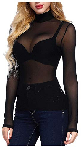 Haut Transparent Femme Tee Shirt Manches Longues Sheer Mesh Top Moulant Sexy Chemise en Voile Blouse Tulle Noir pour Soirée Club (Noir, M)