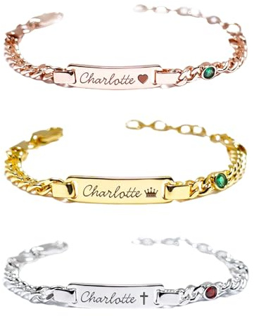 PUREFLY - Personalized Baby Name Bracelets with Birthstone, 18k Gold Plated, Adjustable Length, Double-Sided Customisable, with Gift Wrap