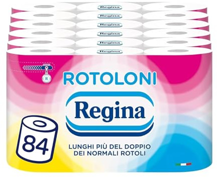 Regina Rotoloni, 84 Maxi Rotoli di Carta Igienica a 2 Veli | 500 Fogli, Lunghi Più del Doppio dei Normali Rotoli, Carta Certificata FSC
