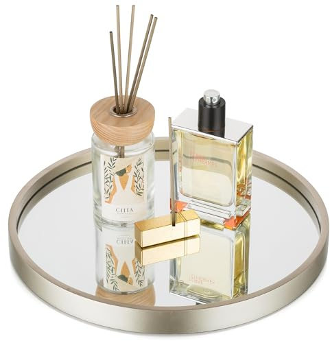 Hanobe Spiegeltablett Badezimmer Tablett Holz: Dekotablett Rund Deko Modern Gold Holztablett Spiegel Klein Parfume Organizer Schmucktablett Dekoteller für Schminktisch 30cm