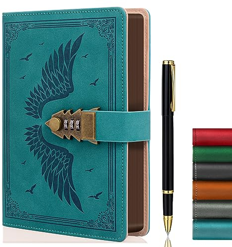 ZXHQ Tagebuch mit Schloss für Frauen/Männer, geheimes Tagebuch für Mädchen, A5 Notizbuch mit Stift Set Nachfüllbares Leder Journal Schreiben Notizbuch Größe A5(15.9 × 21.5cm) Marineblau