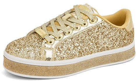 LUCKY STEP Damen-Plateau-Glitzer-Sneaker | Funkelnde Bling Shiny Dressy Bedazzled Hochzeits-Walking Schuhe (Gold, 7US-37EU-4UK)