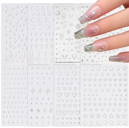 BETESSIN 8Blatt Nagelsticker Mond Sterne Nail Art Sticker Silber Nagelfolie Selbstklebend Nagelaufkleber Herzen Fingernägel Stickers Tattoos DIY Nagelkunst Nagelstudio
