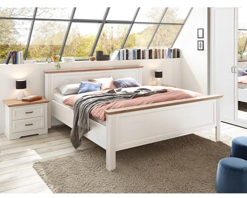 Lomadox Schlafzimmermöbel Set 3-teilig mit Bett 180x200cm, 2X Nachttisch in Pinie weiß mit Eiche Landhaus