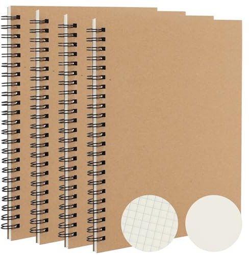 Fasood 4 Stück Notizbuch A5 Kariert, Spiral Notizblock 2 Blanko and 2 Kariert, Kraft Cover Notebook, 80 Blatt, Skizzenbuch Notizheft, Tagebuch, Schreibblock, für Schule, Büro, Reisen, Zeichnen