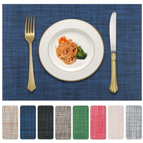 LANDVIEW Vinyl Placemats Set of 4, PVC Woven Washable Non-Slip Table Mats, Heat Resistant Wrinkle Free Place Mats for Dining Table, Easy to Clean (4, Navy Blue)