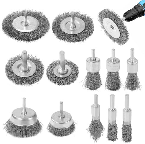 BUCOMTU 12 pezzi Spazzole per Trapano, spazzola metallica da 6 mm con gambo esagonale per rimuovere ruggine, vernice, pulire sbavature e sporco