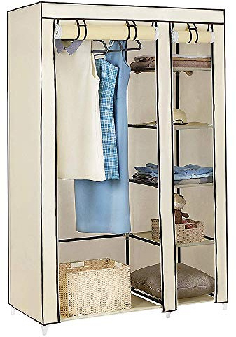 Supfine Armario de almacenamiento con barra de ropa y estantes, armario de tela para dormitorio portátil (beige, 110 x 45 x 175 cm)
