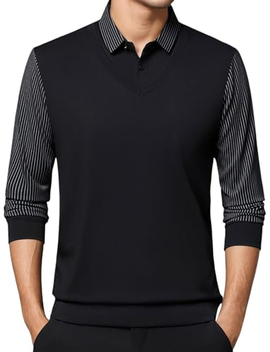 Generisch Pull d'hiver pour homme - Avec col de chemise - Manches longues - Pull en tricot 2 en 1 - Col en V - Tricot fin - Élégant pull d'affaires