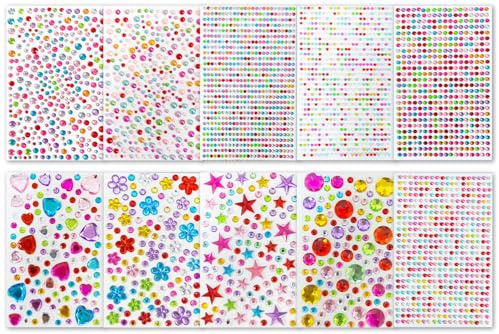 Adesivi Strass, 10 Fogli Strass Autoadesivi Gemme di Cristallo Bambini Glitter Autoadesivo Diamante per DIY Artigianato Decorazione, Colori Assortiti