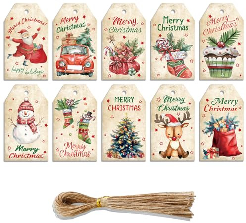 JchEnye 50 etichette regalo natalizie con cordoncino di iuta incluso, 10 modelli di etichette regalo natalizie, decorazioni regalo festive, etichette in carta kraft