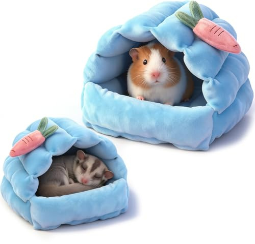 Meow&Woof 2 Pack Small Animal Beds - Cozy Hamster Hideout, Washable Guinea Pig & Hedgehog House, Blue Hideaway for Sugar Glider, Chinchilla, and Rats.