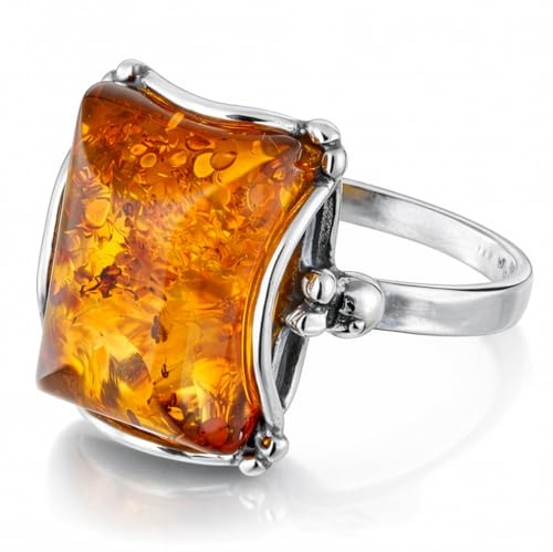 HolidayGiftShops Anello per Adulto Rettangolare in Argento Sterling e Ambra del del Baltico Makell - Misura 20