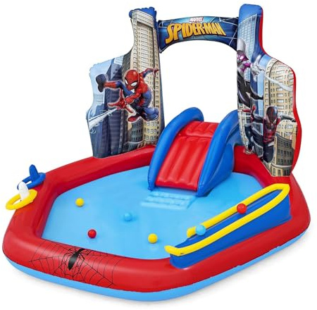 Marvel Spider-Man Inflatable Kids Backyard Water Play Center - Outdoor Sprayer Splash Kiddie Pool with Water Slide Arch, 6 Balls, Ring Toss