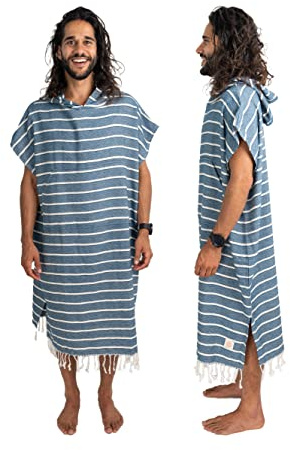 Nova Blue Poncho de Surf – Poncho de Surf a Rayas Azul Marino y Blanco para Hombre – Toalla de Playa Grande con Capucha para Adultos (33 x 44) – 100% algodón Turco Toalla cambiadora para Surf, Playa,