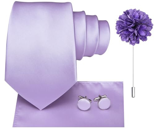Hi-Tie Cravatta da uomo in seta e gemelli quadrati da taschino set spilla jacquard cravatta da matrimonio aziendale per formale, Lilla