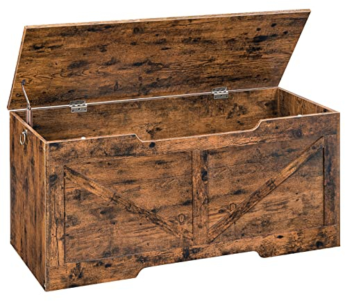 HOOBRO Truhen, Sitzbank mit Stauraum, Spielzeugkiste mit Deckel, Truhenbank, aufbewahrungsbox, 2 Ringen, 110cm, Robust, Stabil, für Kinder, Flur, Wohnzimmer, Dunkelbraun EBF772CW01