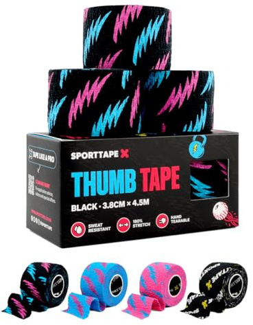 SPORTTAPE 3 Rouleaux Tape Crossfit, Hook Grip Strap Doigt, Noir | Pouce Grip Tape haltérophilie pour la prévention des callosités et des ampoules | Résistant transpiration et magnésie (3,8 cm x 4,5 m)
