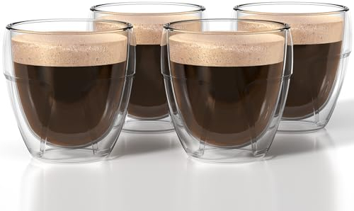 IZSUZEE Juego de 4 Tazas de Café de 80 ml, Vasos Térmicos de Doble Pared de Vidrio de Borosilicato para Espresso, Café Helado y Té - Aptos para Lavavajillas
