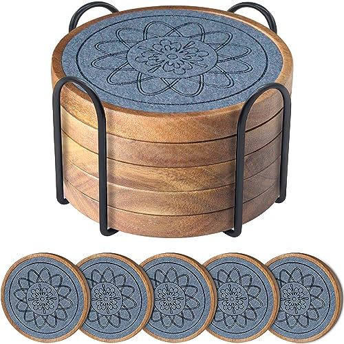 EDEGG 5 Pack Coasters for Drinks Absorbent, Coasters for Coffee Table with Holder, Non-Slip, Non-Stick, Suit for Kinds of Cups 4.3 inch Gray
