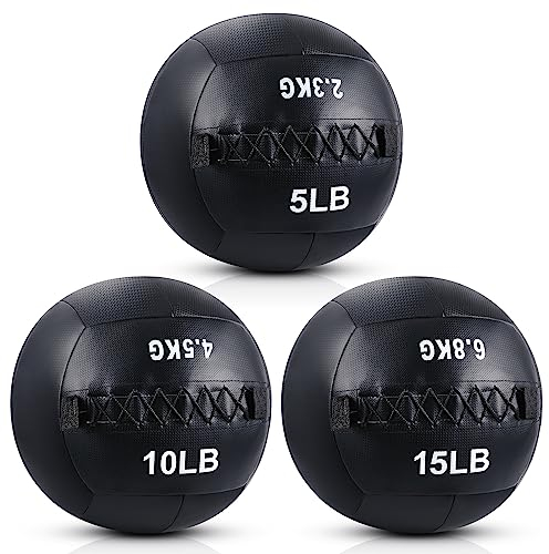 Lunmon 3 Pcs Soft Wall Medicine Ball for Exercise Fitness Slam Weighted Med Ball with Non Slip Grip for Slamming Workout Strength Conditioning Core Training Lunge and Partner Toss (5,10 and 15 Lbs)