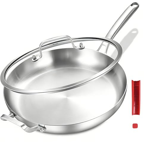Inqibee 30 cm treskikts rostfritt stål stor stekpanna, stekpanna med lock och hållarhandtag, induktionspanna, diskmaskins- och ugnssäker, avtagbart handtag.