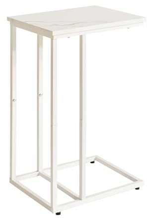 Aibiju Beistelltisch，Betttisch，Sofatisch ür Kaffee und Laptop, Industrie-Design, Modern, Weiße Marmorfarbe Holzbretter mit weißem Metallrahmen, YD-TM051W