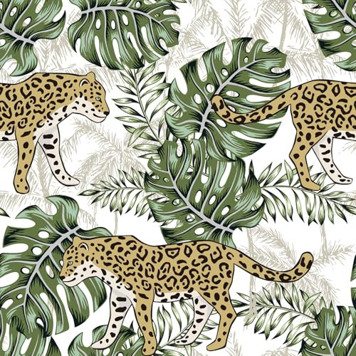 VEELIKE Papel Pintado Selva Tropical Guepardo Exótico Papel Pintado Autoadhesivo Pared Leopardo Blanco 44,5 cm x 300 cm Vinilo Pared Hojas Verdes Murales Decorativos Pared Baño Habitacion Extraíble