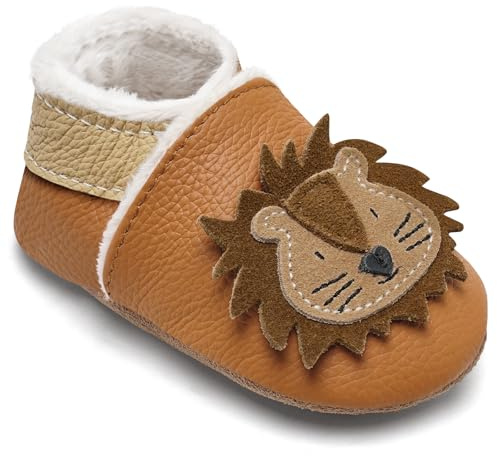 IceUnicorn Chausson Cuir Bébé Hiver Chausson Bebe Fourré Peluche Chaude Chausson Cuir Souple Bébé Fille Garçon Pantoufles Bebe(Curcuma Lion, 18-24 mois)