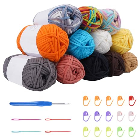 FOGAWA Lot de 12 x 50g Pelote Coton pour Crochet Fil Coton pour Débutants, Pelotes de Fil à Tricoter et à Crochet pour Écharpes, paniers, tapis(12 mélanges de couleurs différents)