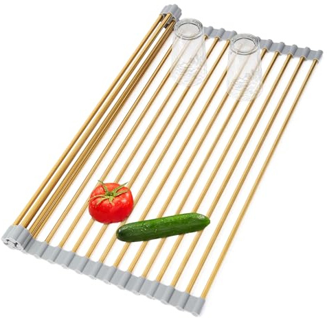 HAYAWEY Escurridor de Platos Enrollable Dorado Grande – Secaplatos de Acero Inoxidable