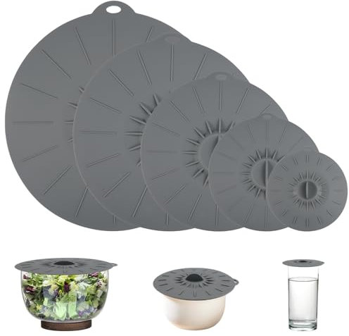5 PCS Coperchi In Silicone Riutilizzabile BPA Free Effetto di Aspirazione Buona Tenuta All'aria Impermeabile e Resistente al Calore, per Ciotole, Pentole, Piatti, Tazze, Forno, Frigorifero (Grigio)