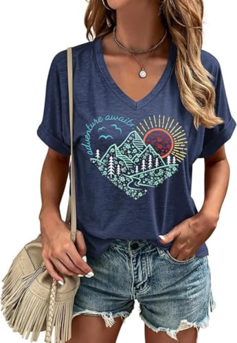 Adventure Camping Hiking V Neck Shirt for Women Funny Sun and Mountain Graphic Tee Casual Outdoor Short Sleeve Top Blouse(L,Navy-D)