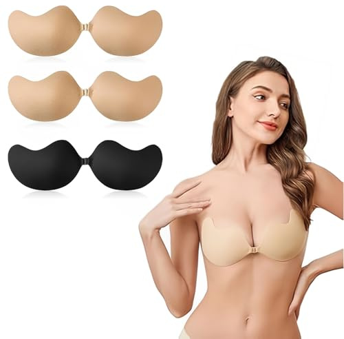 YcsRnn 3 Pcs Sticky Bra, Adhesive Bra for Women, Strapless Push Up Bra, Stick On Bra for Low Cut Dresses, Set with Two Skin Tones and One Black, Ideal for Party, Wedding, and Beach Events