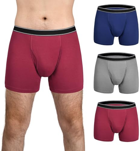 TIICHOO Washable Incontinence Pants for Men with Fly Cotton Boxer Briefs Mens Leakproof Underwear Moderate Absorbency Pack of 3 (X-Large, Burgundy/Navy/Grey)