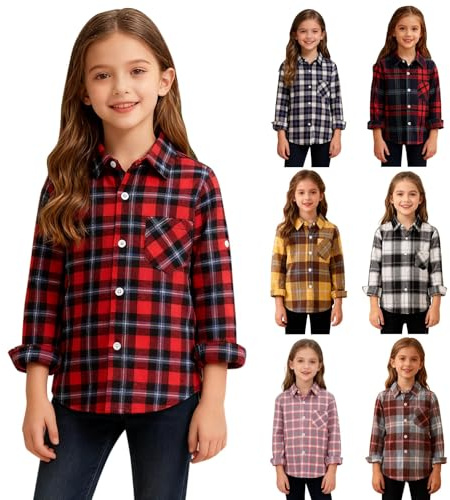Chaquetas de franela a cuadros de búfalo para niños, chaquetas para niños y niñas, blusa con cuello de solapa con botones, blusa con bolsillo, primavera, manga larga, camiseta casual escolar, rosso, 9